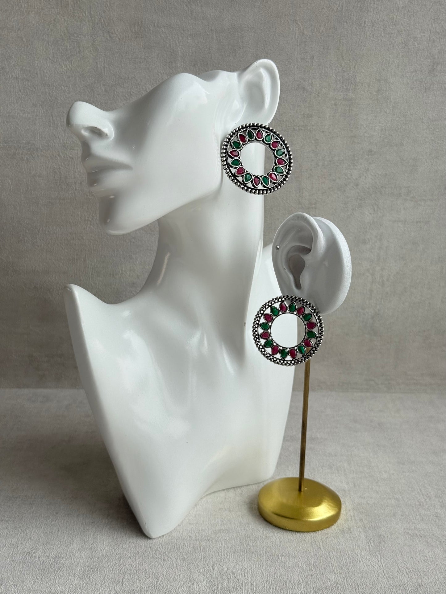 Ayura Designs Kesar Studs – Statement Oxidised Stud Earrings with Ruby Pink & Emerald Stones