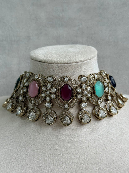 Ayura Designs Emanya Choker Set – Choker, Earrings & Tikka with Mirror-Cut Stones, Multicolour & Antique Gold Detailing