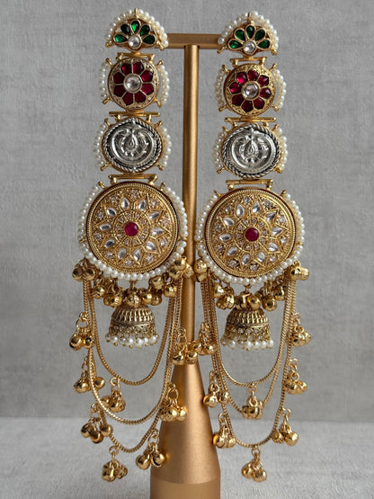 Ayura Designs Zeenia – Statement Kashmiri Earrings with Pearl Borders, Jhumki Drops, Multicolour Meenakari & Ghungroos