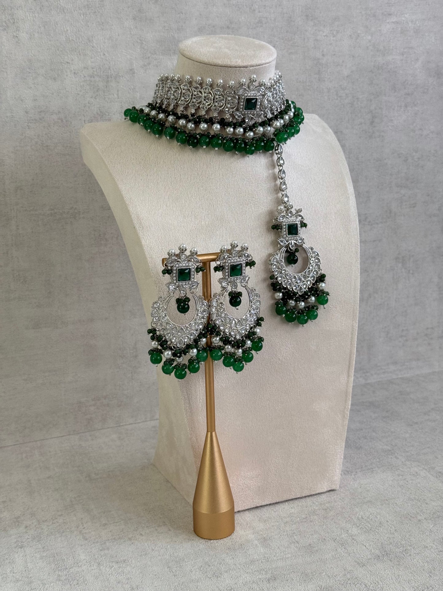 Ayura Designs Sarwat Choker Set – Emerald Green Stones, Ivory Pearl Drops & Antique Silver Finish