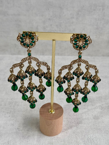 Ayura Designs Jasmine Earrings – Chandelier Earrings with Emerald Green Beads & Antique Gold Detailing