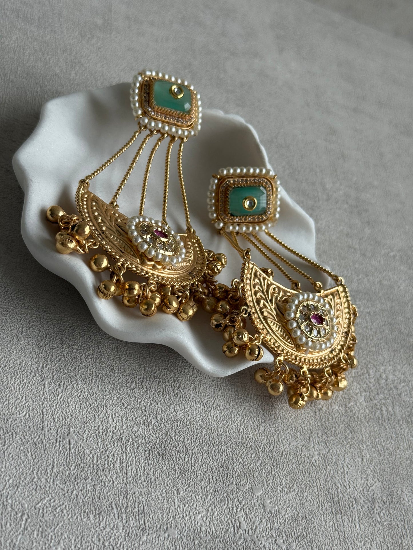 Ayura Designs Jheel Earrings – Pistachio Half-Moon Drops with Pearl Edging & Golden Ghungroos