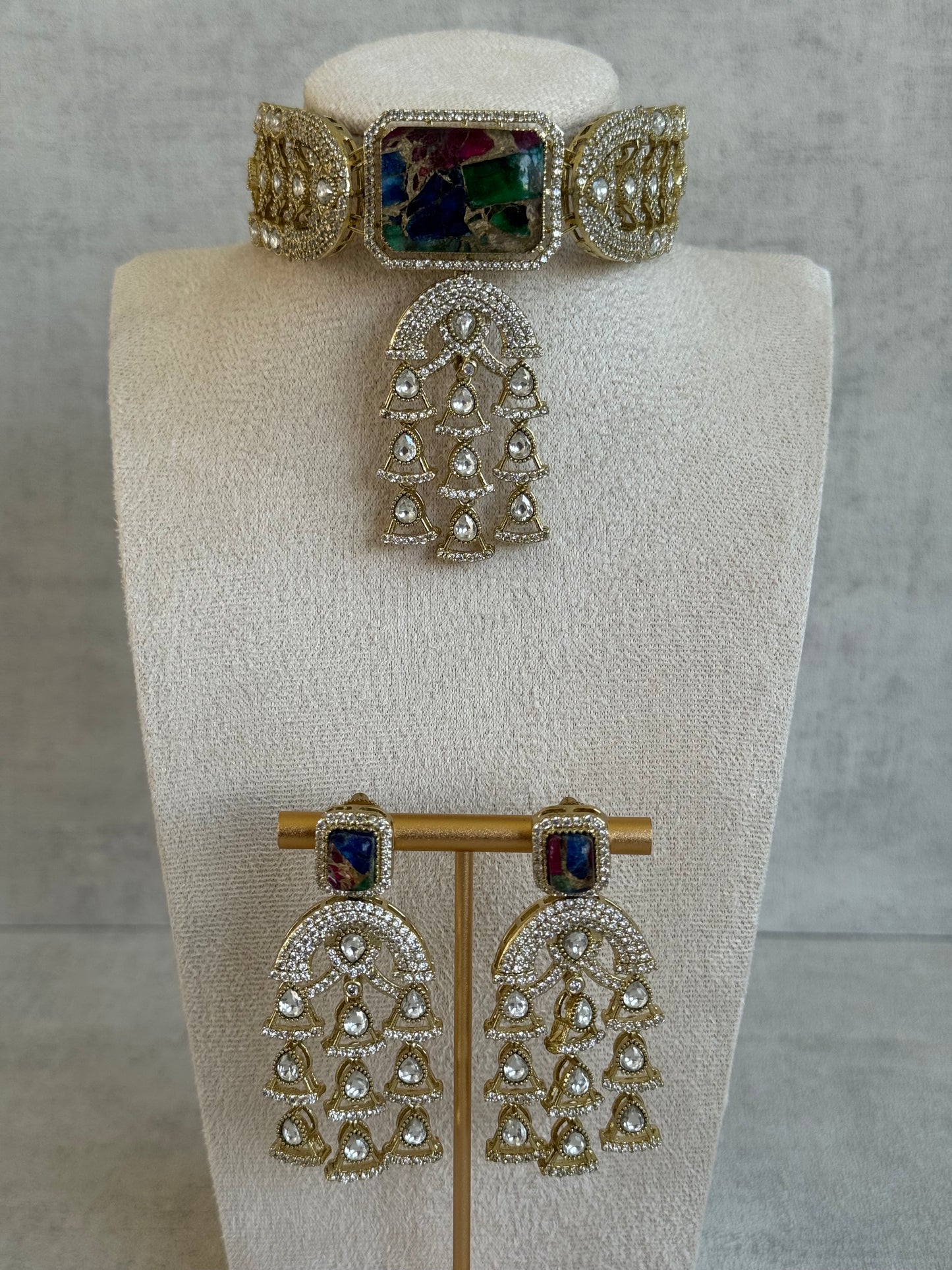Ayura Designs Isla Choker Set with Earrings – Multicolour Marble & Moissanite Stones
