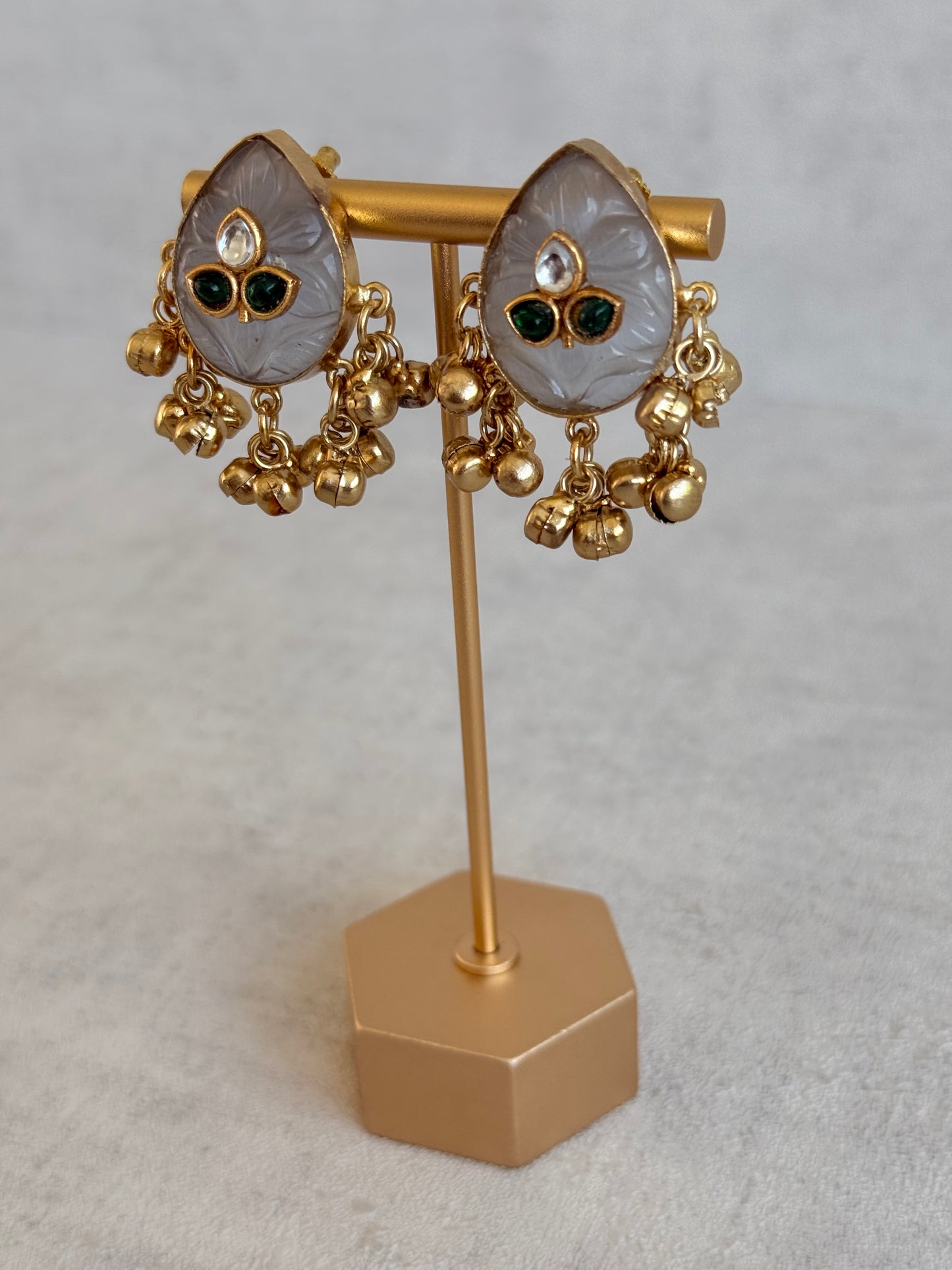 Ayura Designs Aykai Earrings – Grey Carved Teardrop Stud Earrings with Clear Kundan Stones and Gold Ghungroo Drops