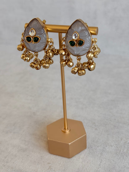 Ayura Designs Aykai Earrings – Grey Carved Teardrop Stud Earrings with Clear Kundan Stones and Gold Ghungroo Drops