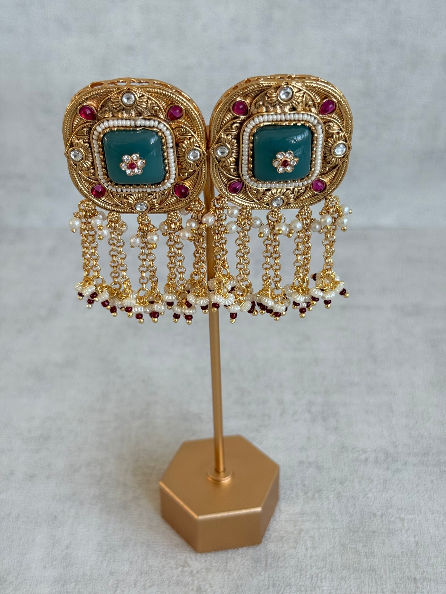 Ayura Designs Gunjal Earrings – Sage Green & Rani Pink Chain Drop Studs with Kundan & Bead Detailing
