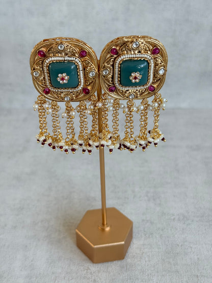 Ayura Designs Gunjal Earrings – Sage Green & Rani Pink Chain Drop Studs with Kundan & Bead Detailing