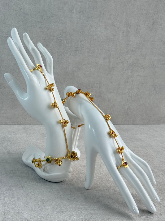 Ayura Designs Kajri Haathphool Set of 2 – Gold Tone Floral Hand Harness with Multicolour Stones & Ghungroo Detailing