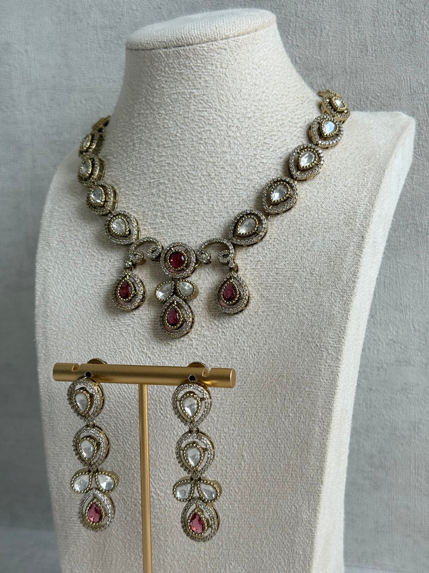 Ayura Designs Bianca Necklace Set with Earrings – Kundan, Ruby Pink Stones, Crystals & Gold Finish