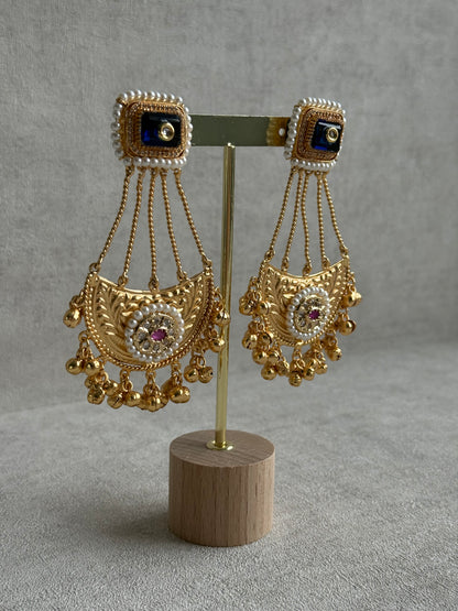 Ayura Designs Jheel Earrings – Navy Half-Moon Drops with Pearl Edging & Golden Ghungroos