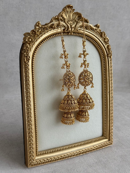 Ayura Designs Chhavi Sahare Jhumkis – Antique Gold Finish with Double Dome Design