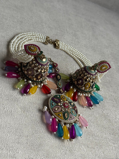 Ayura Designs Amrita Set – Jhumkis with Sahare & Tikka in Multicolour Beads, Pearls and Antique Gold Finish