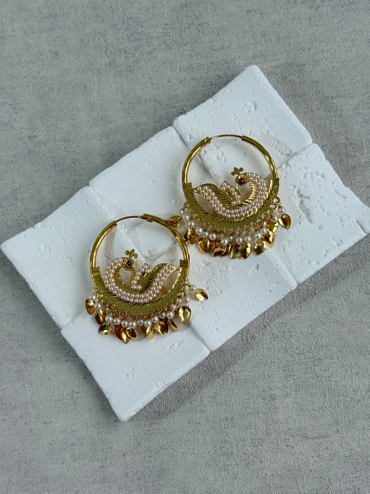 Ayura Designs Hansi Balis – Peacock Design with Pearl & Pippal Patti Detailing in Gold Finish