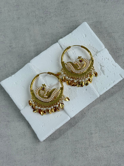 Ayura Designs Hansi Balis – Peacock Design with Pearl & Pippal Patti Detailing in Gold Finish