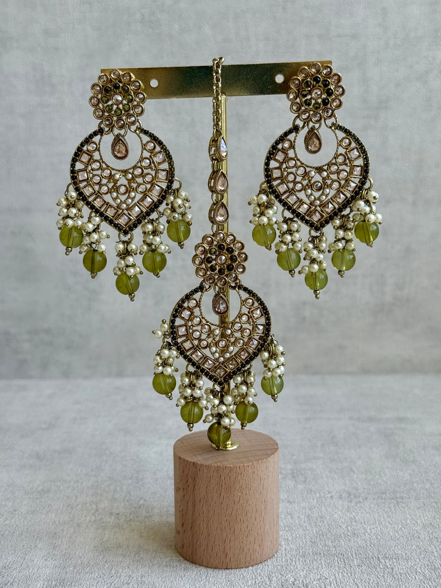 Ayura Designs Sabeen Set with Choker, Jhumkis, Tikka & Jhoomar – Champagne Kundan, Pearl Clusters & Olive Green Beads