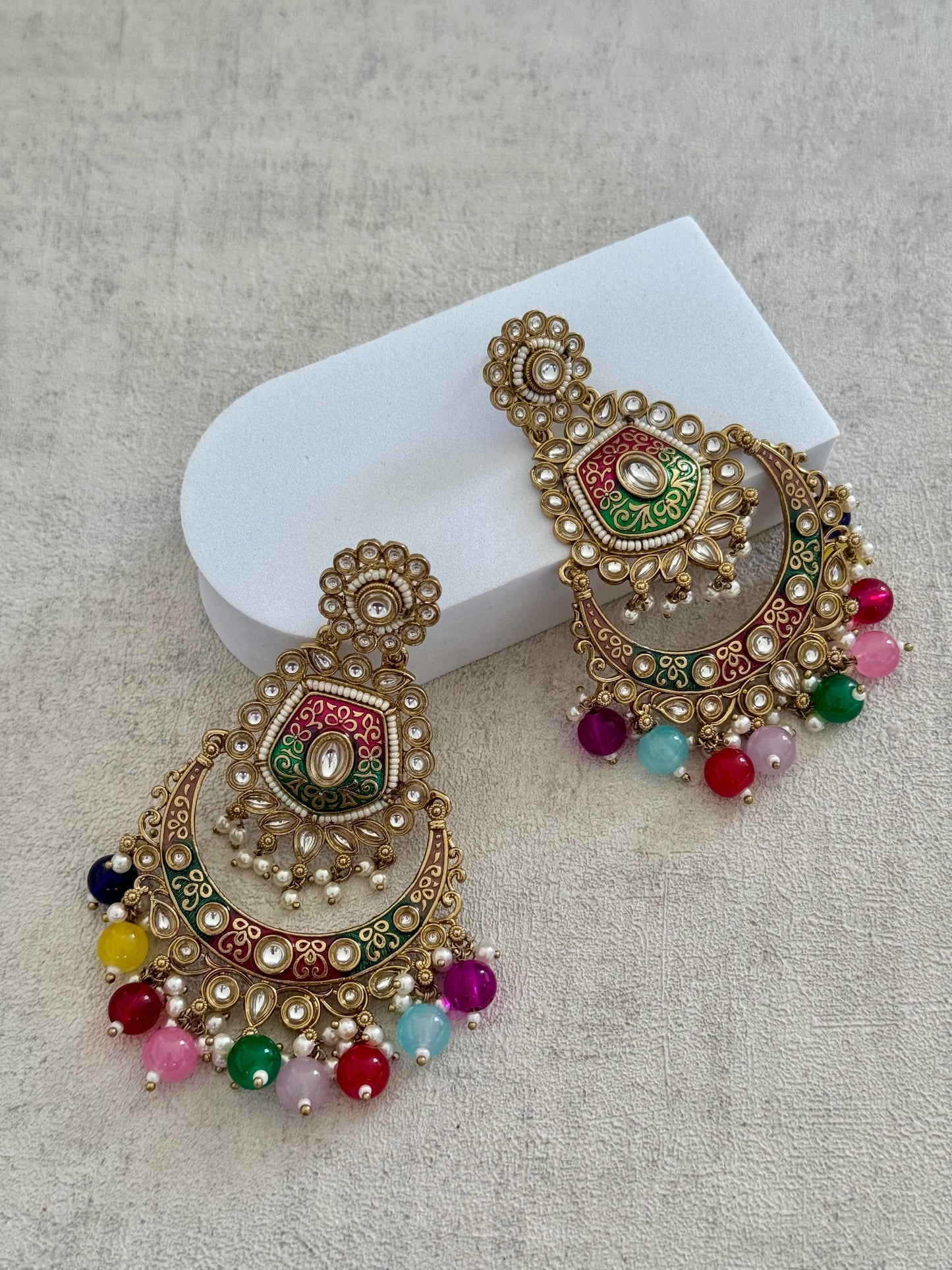 Ayura Designs Safa Antique Gold-Plated Chandbali Earrings with Multicolor Bead Accents