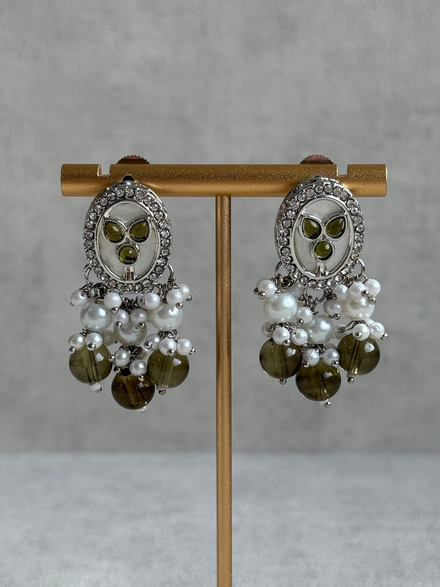 Ayura Designs Linza Set – Necklace, Earrings & Tikka in Olive Green & Pearl with Silver Finish