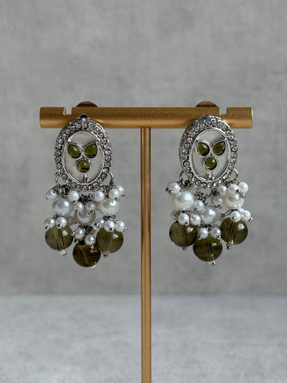 Ayura Designs Linza Set – Necklace, Earrings & Tikka in Olive Green & Pearl with Silver Finish