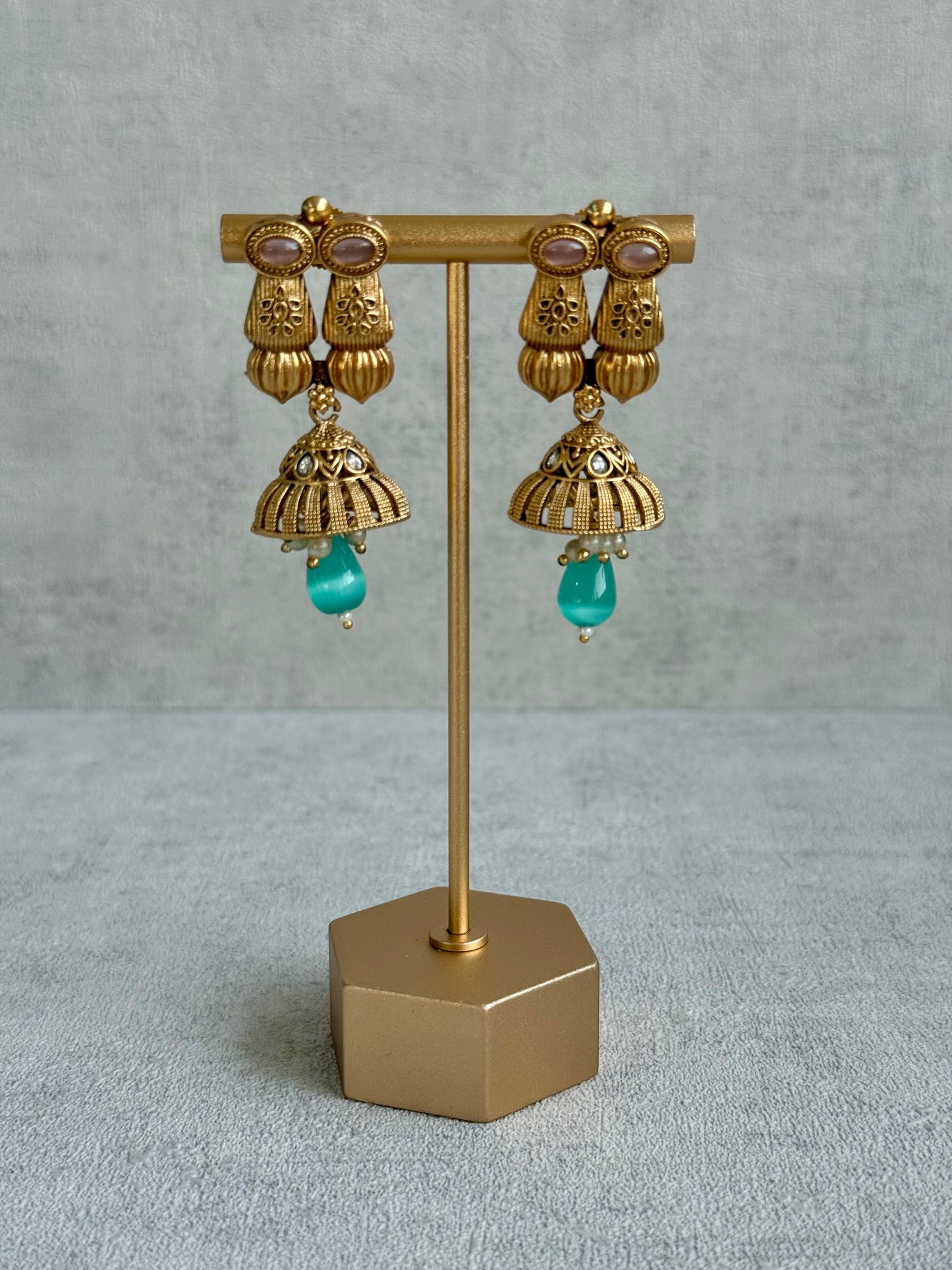 Ayura Designs Aima Necklace Set with Earrings – Antique Gold with Blush Pink & Aqua Green Stones