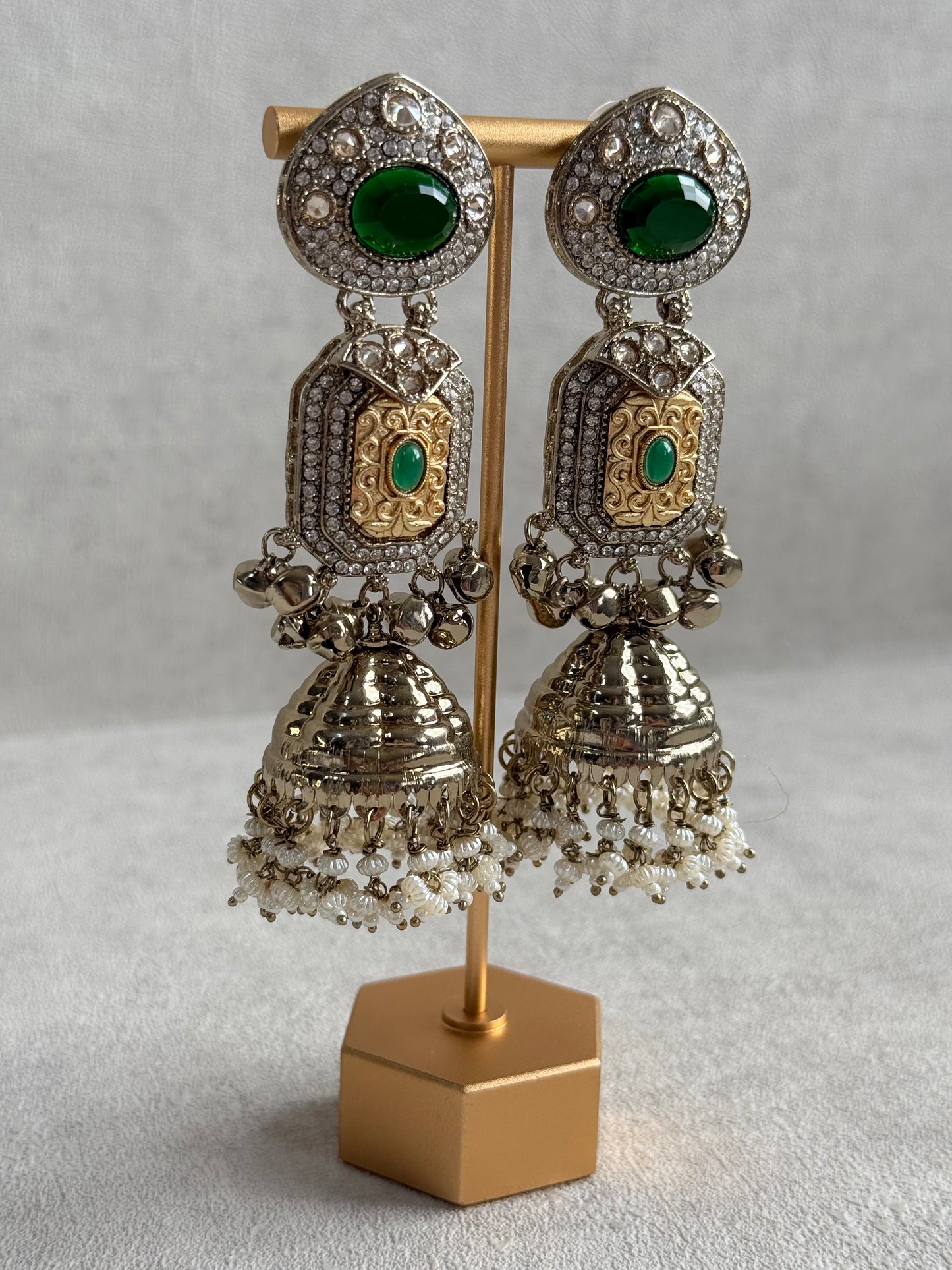 Ayura Designs Maara Jhumkis – Champagne Gold with Emerald Green Stones, Crystals, Ghungroos & Pearl Detailing