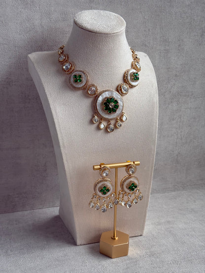 Ayura Designs Wisah Set with Necklace & Earrings – Emerald Green Floral Motifs with Mother of Pearl, Mirror-Cut Stones & Crystal Detailing