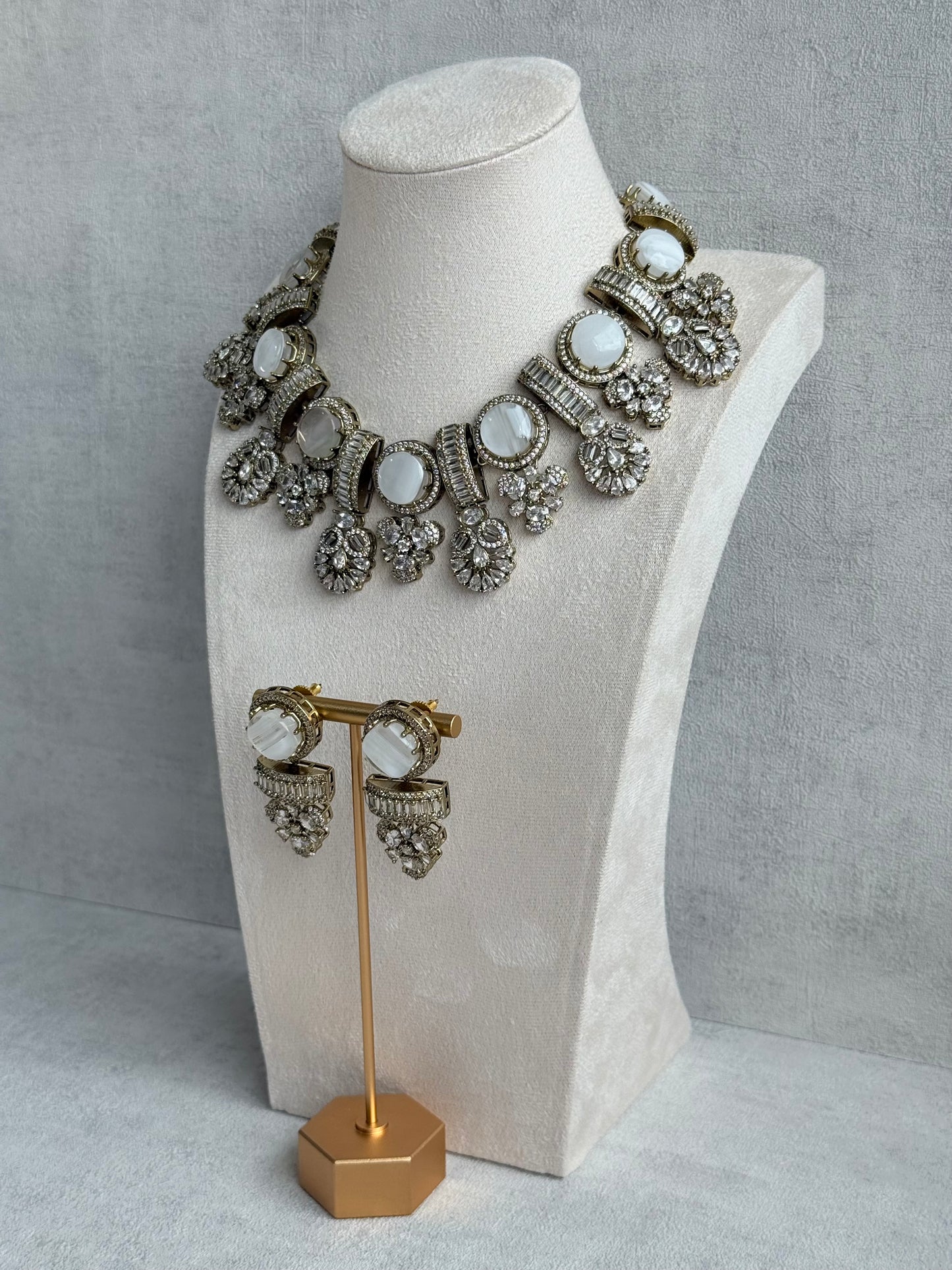 Ayura Designs Aabira Necklace Set with Earrings – White Marble Stones with Moissanite Style Detailing