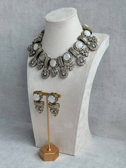 Ayura Designs Aabira Necklace Set with Earrings – White Marble Stones with Moissanite Style Detailing