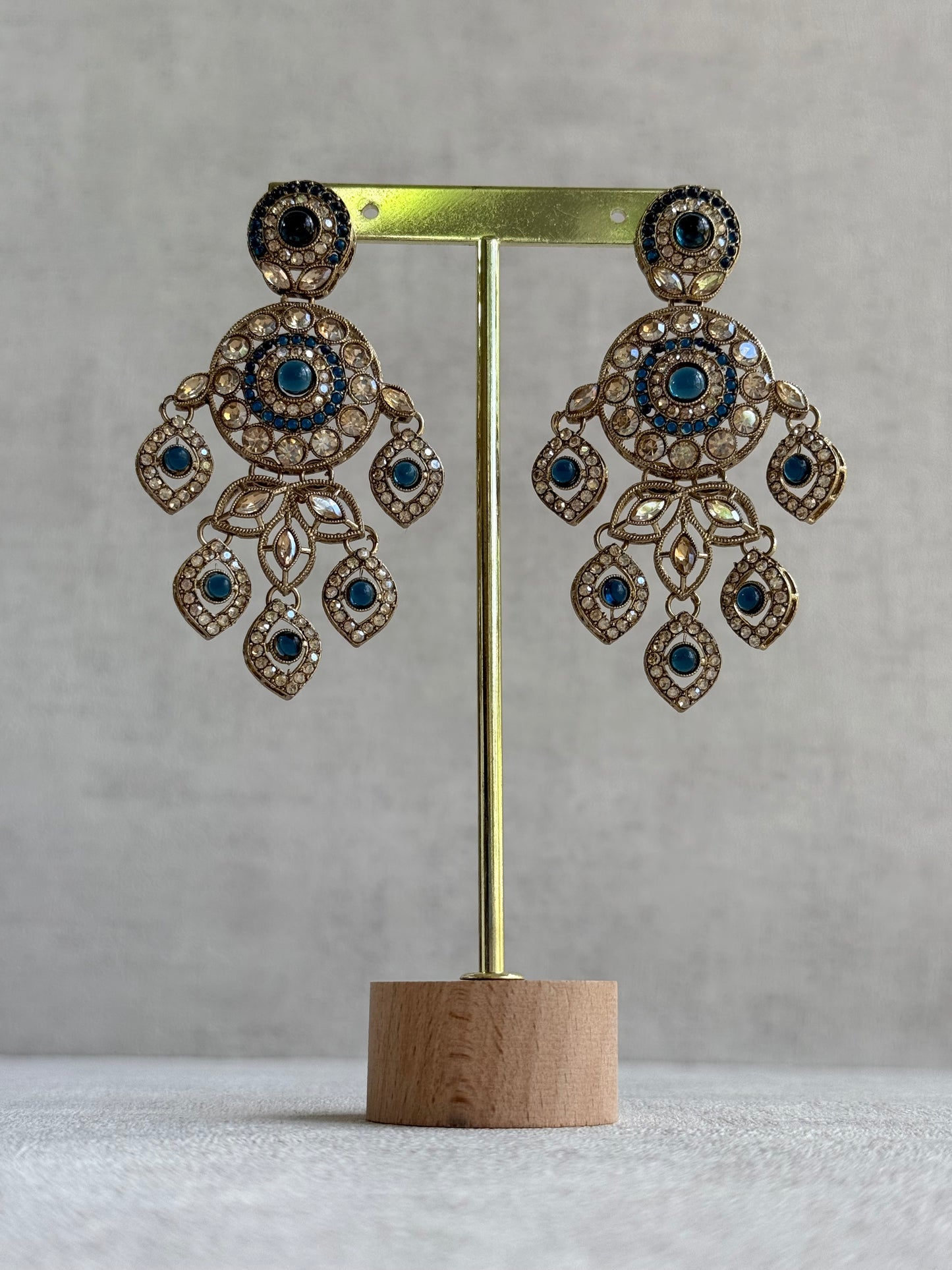 Ayura Designs Vanika Earrings – Sapphire Blue & Champagne Crystal Gold Finish