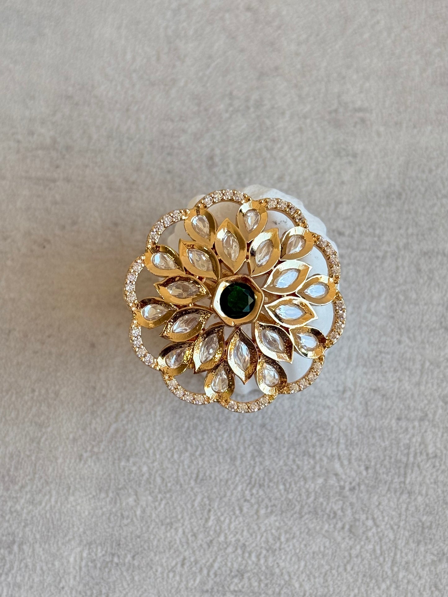 Ayura Designs Elisa Adjustable Ring – Moissanite Floral Ring with Emerald Green Centre & Crystal Border