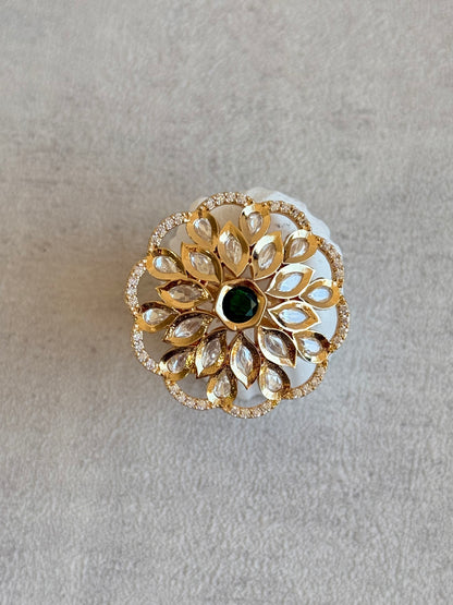 Ayura Designs Elisa Adjustable Ring – Moissanite Floral Ring with Emerald Green Centre & Crystal Border