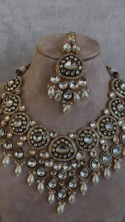 Ayura Designs Sultana Bridal Set with Necklace, Jhumkis, Tikka, Nath, Ring & Sheeshphool – Jadau Kundan Craftsmanship with Mirror-Cut Polki Stones, Ivory Pearls & Antique Gold Finish