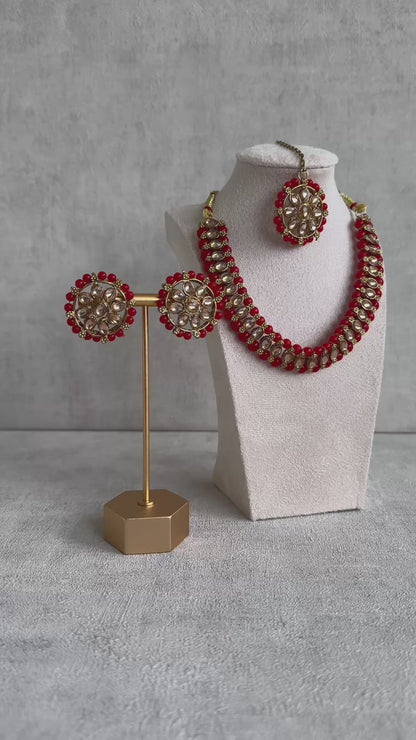 Ayura Designs Hala Set with Tikka & Studs – Orange Beads & Champagne Kundan
