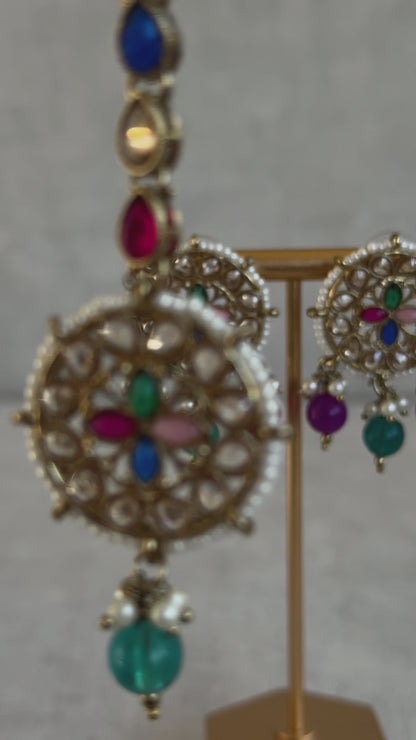 Ayura Designs Ifrah Tikka Set with Studs – Multicolour Stones, Kundan Work & Gold Finish