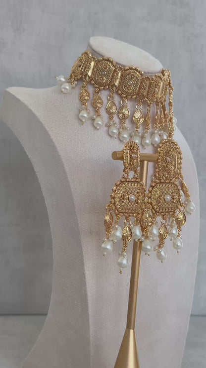 Ayura Designs Elahi Antique Gold-Plated Choker Set with Earrings & Tikka, Adorned with Pearl Drops