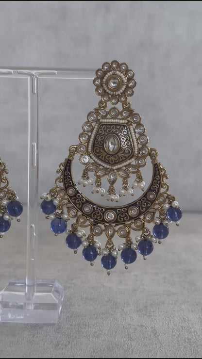 Ayura Designs Safa Antique Gold-Plated Chandbali Earrings with Pearl and Blue Bead Accents