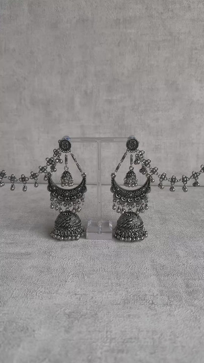 Ayura Designs Kashish Earrings – Oxidised Silver with Lord Ganesh Motif, Dome Jhumkas & Matching Sahare