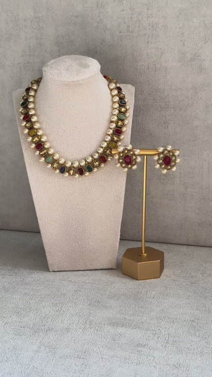 Ayura Designs Hala Set with studs– in Elegant Multicoloured Stones & Ivory Beads