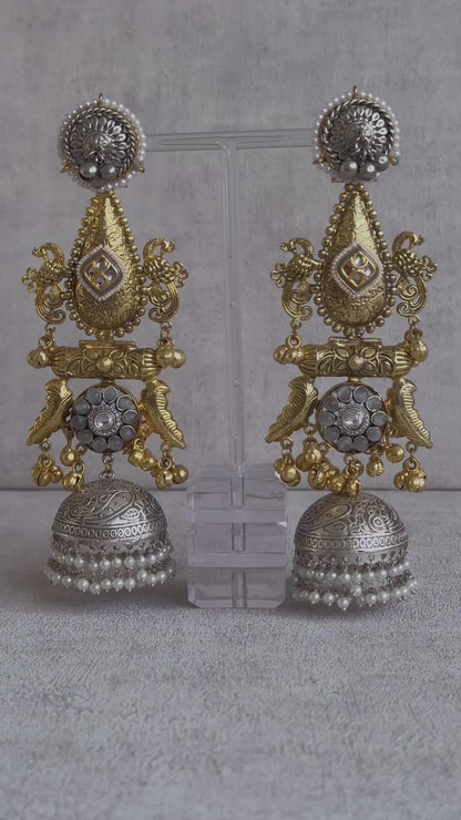 Ayura Designs Nooreh Earrings – Dual-Tone Oxidised Silver & Antique Gold with Bird Motifs, Kundan Detailing & Pearl-Draped Jhumkas