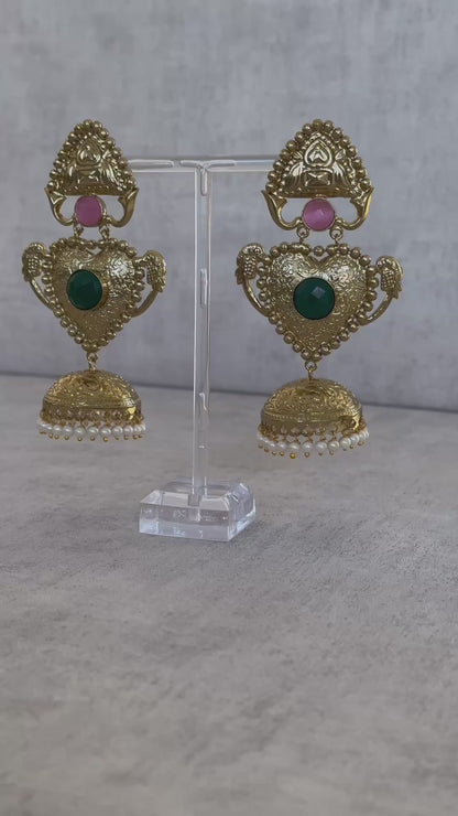 Ayura Designs Dil Earrings – Gold Brass Earrings with Green & Pink Stone Accents and Pearl Jhumka Detailing