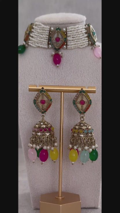 Ayura Designs Ariana Choker Set with Jhumkis – Kundan & Multicolor Beads in Antique Gold