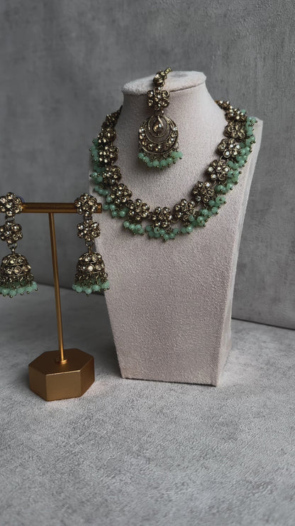 Ayura Designs Asima Set with Jhumkis & Tikka - Champagne Stones & Teal Beads