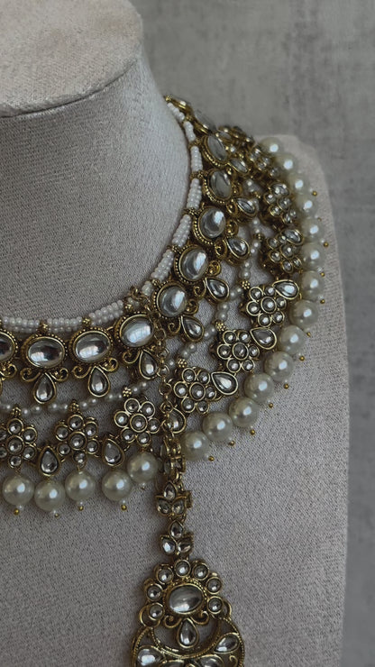Ayura Designs Tehzeeb Set – Necklace, Tikka & Jhumkas in Antique Gold and Pearls