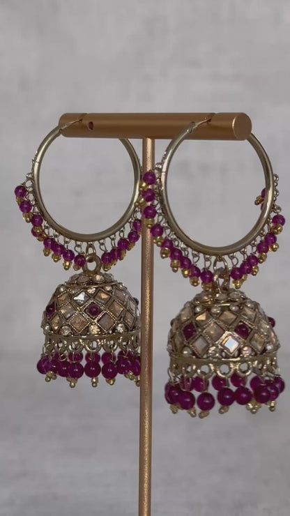 Ayura Designs Jugni Bali Jhumkas – Antique Gold with Deep Plum Beads