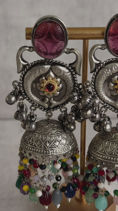 Ayura Designs Meera Earrings – Antique Silver with Multicolour Beads & Carved Glass Stone