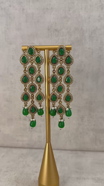 Ayura Designs Mia Earrings – Handcrafted Gold-Toned Cascading Earrings with Green Gemstones, Pearl Accents & Elegant Drop Detailing