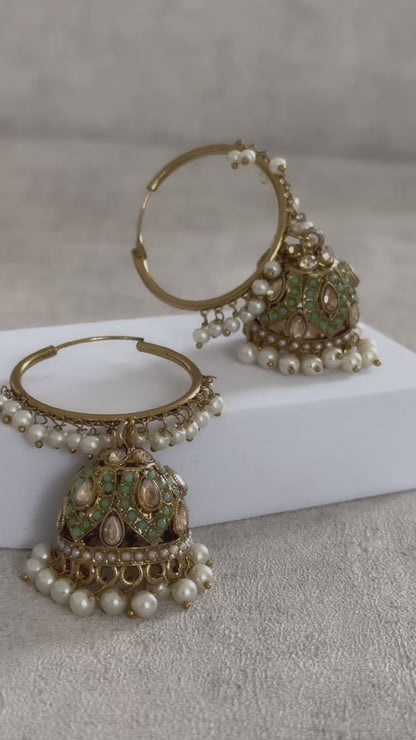 Ayura Designs Jugni Bali Jhumkas – Antique Gold with Pastel Green & Pearl Accents