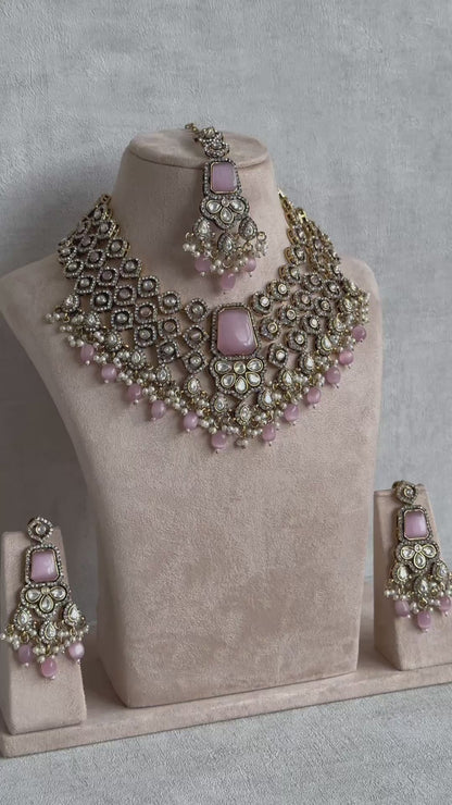 Ayura Designs Gulrukh Bridal Set with Necklace, Jhumkis & Tikka – Jadau Kundan Craftsmanship with Mirror-Cut Polki, Blush Rose Stones & Antique Gold Finish