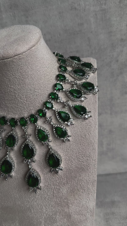 Ayura Designs Zarmina Necklace Set with Earrings – Emerald Green Teardrop Stones, Diamond-Cut Crystals & Rhodium Finish