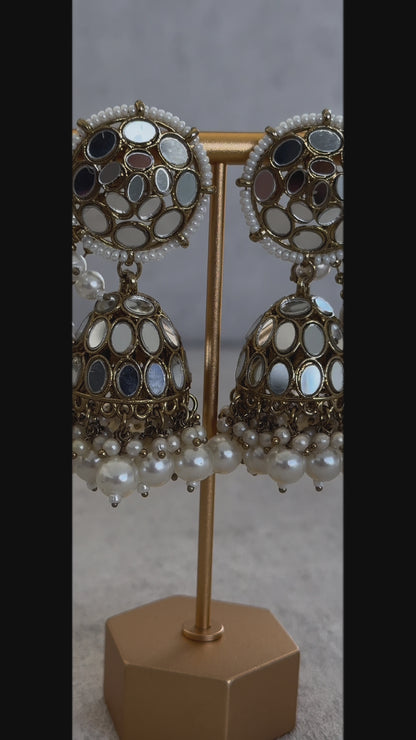 Ayura Designs Aaina Jhumkis with Sahare – Antique Gold Mirror Work & Pearl Earrings