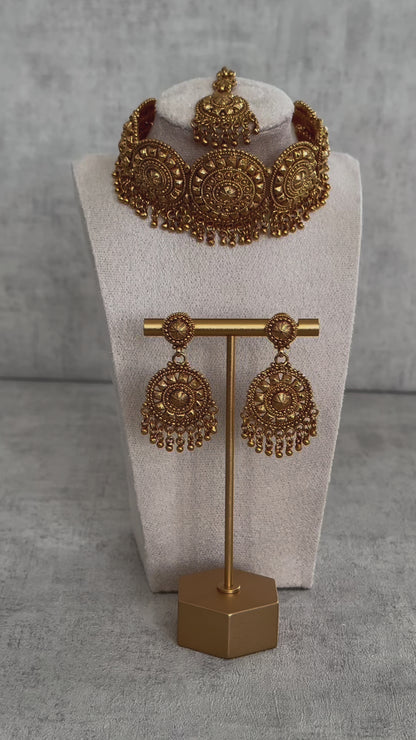 Ayura Designs Nawab Choker Set – Exquisite Antique Gold Choker, Earrings & Tikka